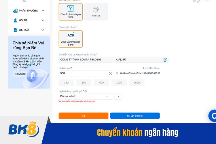 BK8 nạp tiền nhanh trong 5 phút bằng chuyển khoản ngân hàng