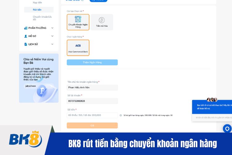 BK8 rút tiền bằng chuyển khoản ngân hàng