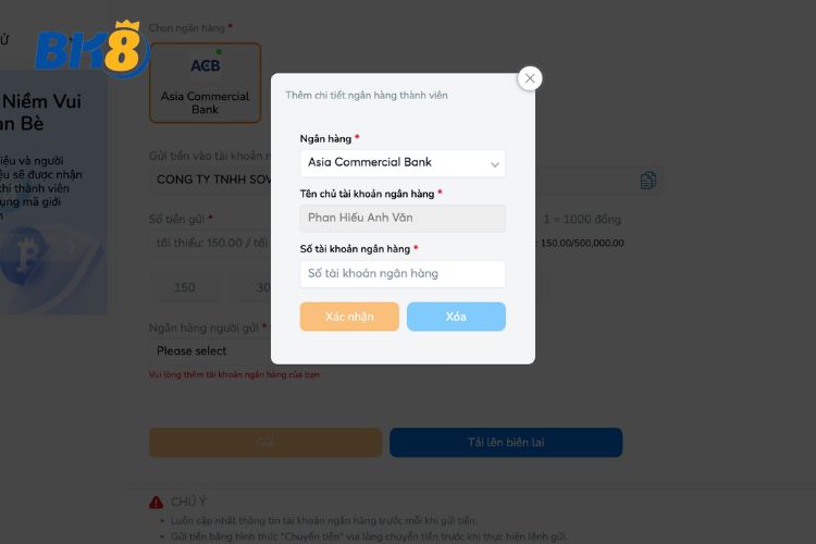 Nhập thông tin giao dịch tại nhà cái BK8
