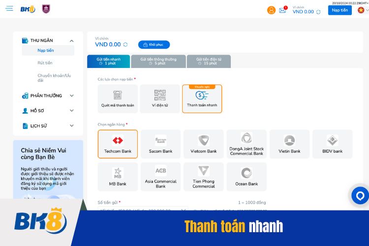 Thanh toán nhanh giúp nạp tiền BK8 một cách dễ dàng