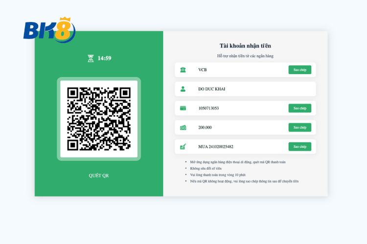 Tiến hành giao dịch thông qua hệ thống BK8 nạp tiền